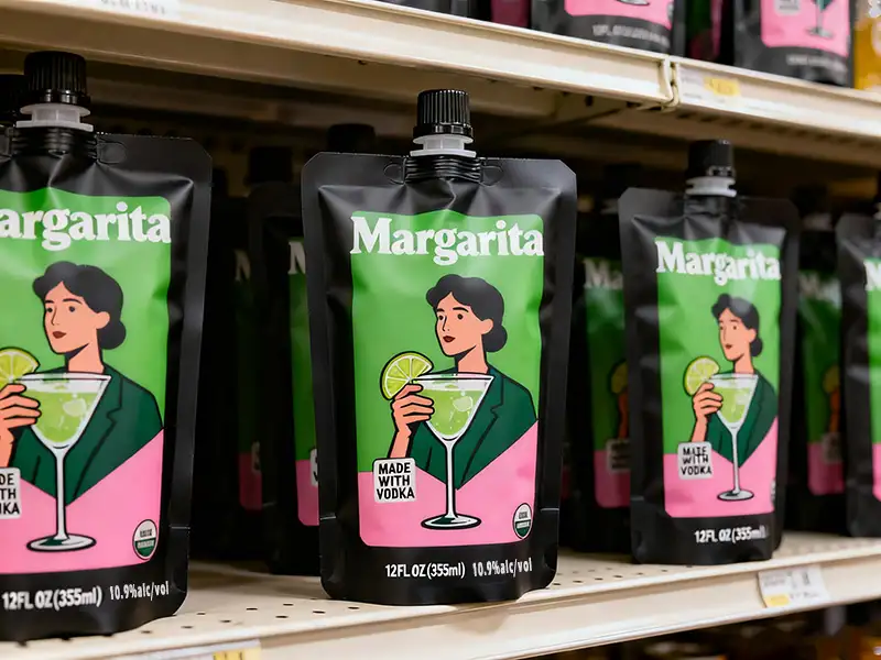 In den Regalen werden Beutel mit Cocktailgetränken für den Einzelhandel ausgestellt